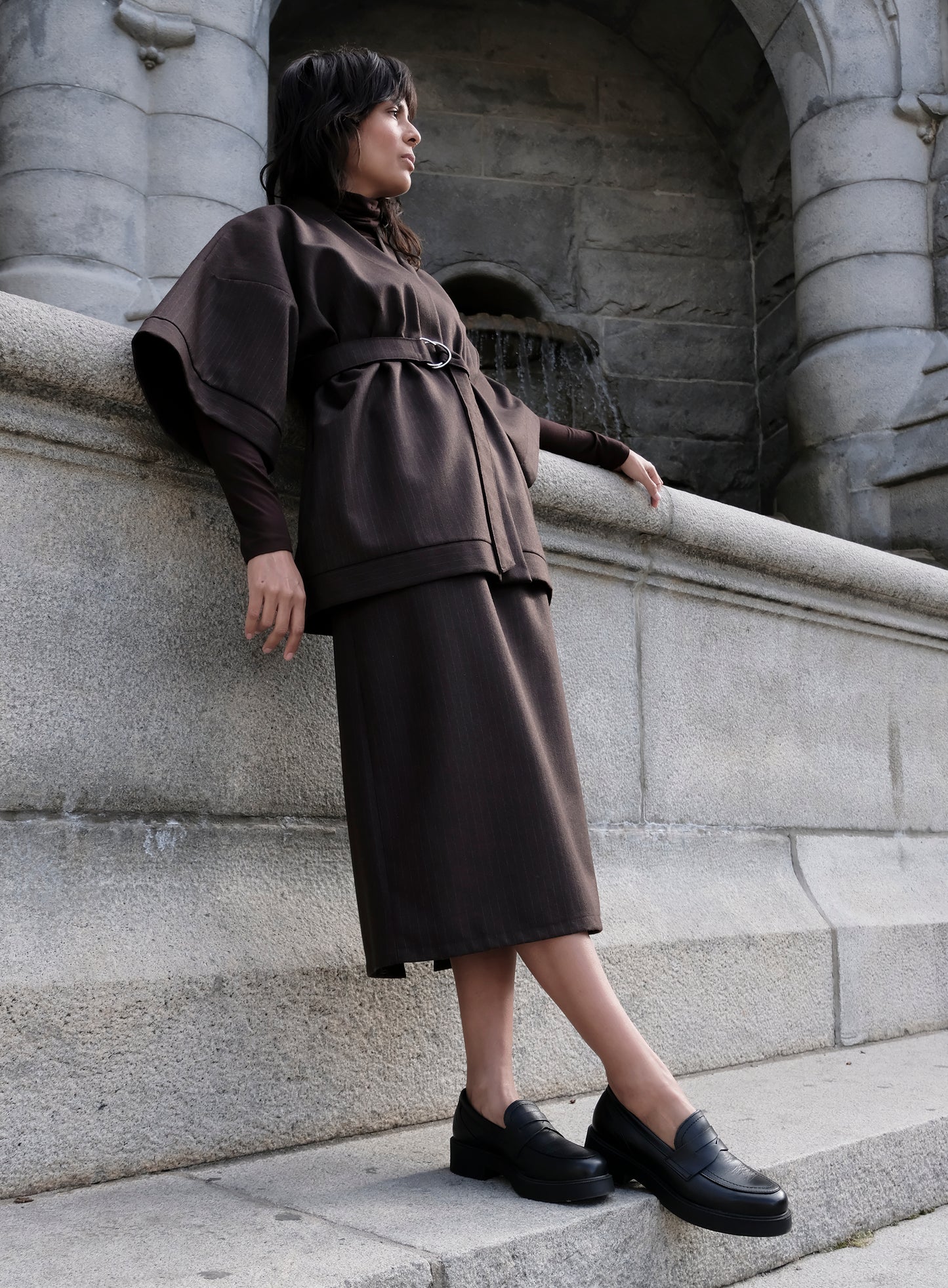 PINSTRIPE WOOL MIDI SKIRT