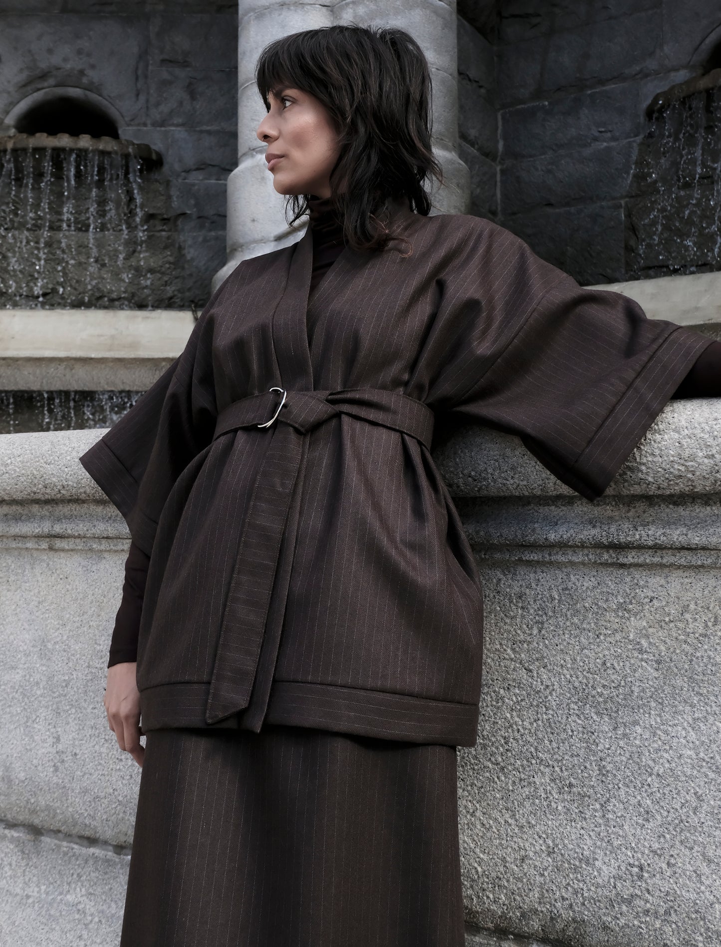 CHOCOLATE BROWN PINSTRIPE WOOL KIMONO