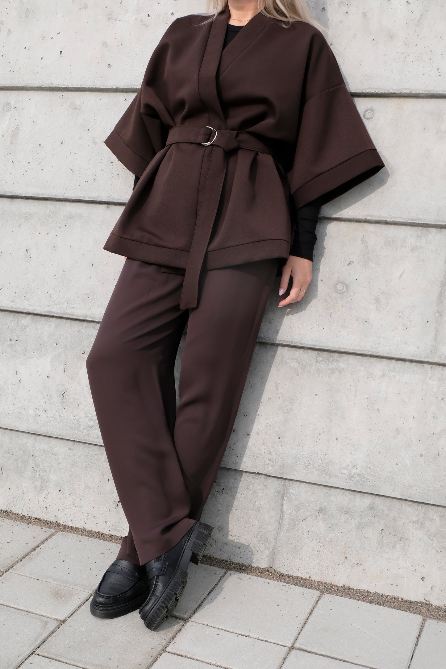 CHOCOLATE BROWN TEXTURED WOOL KIMONO