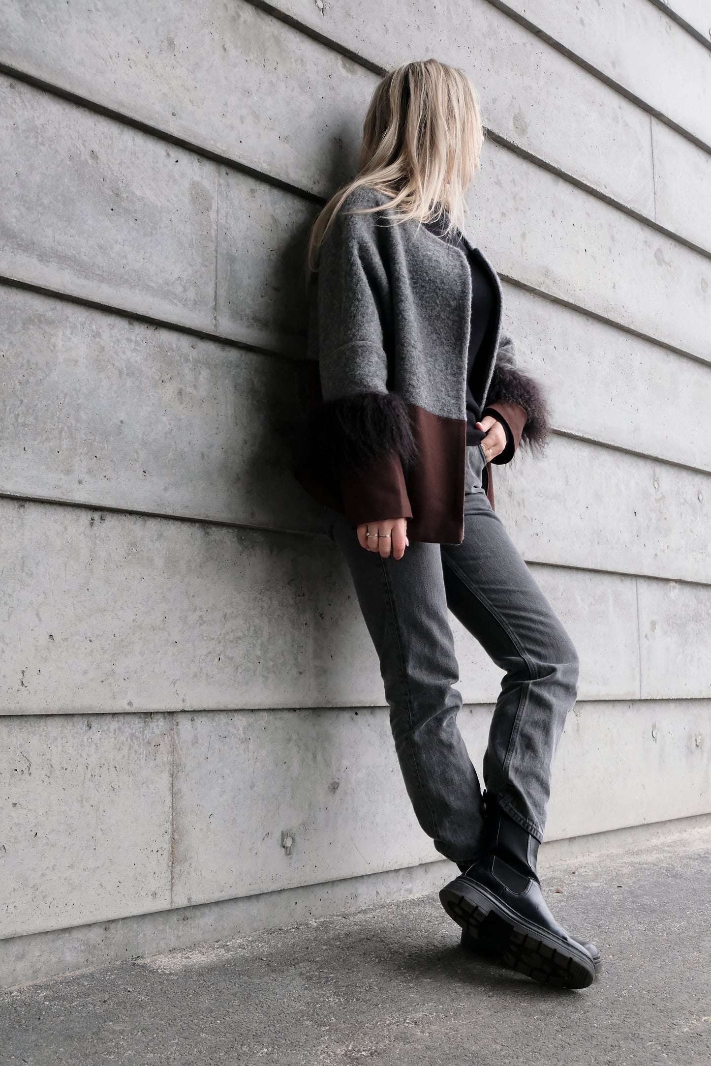 COLOR BLOCKING WOOL / FUR JACKET