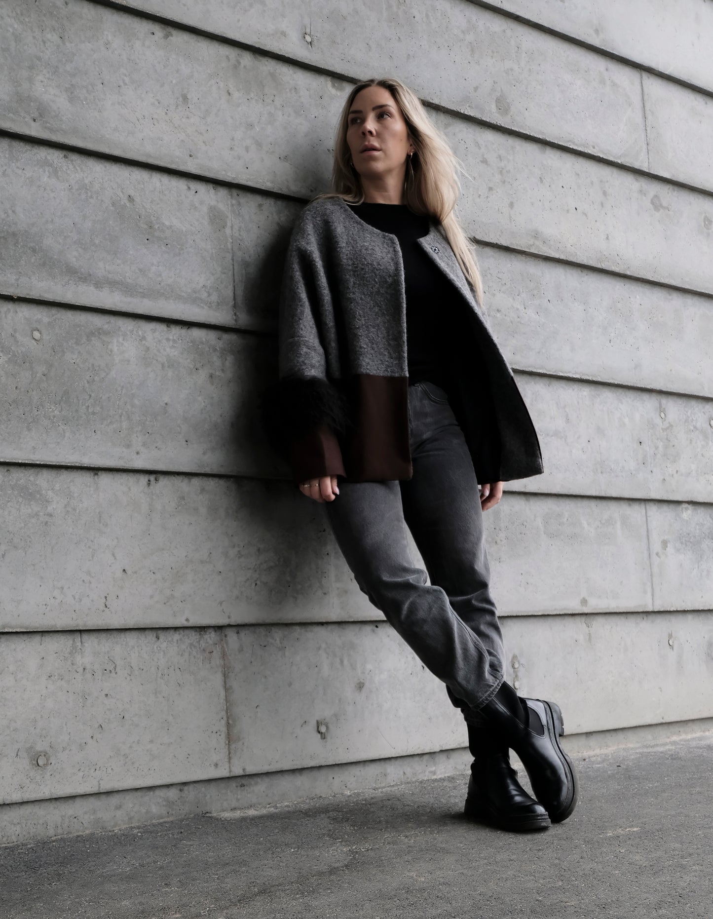 COLOR BLOCKING WOOL / FUR JACKET