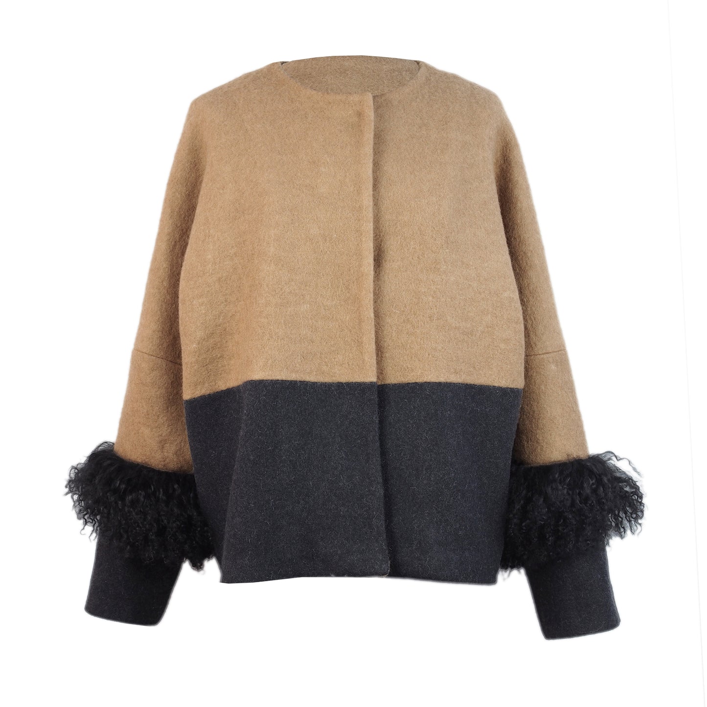 COLOR BLOCKING WOOL / FUR JACKET
