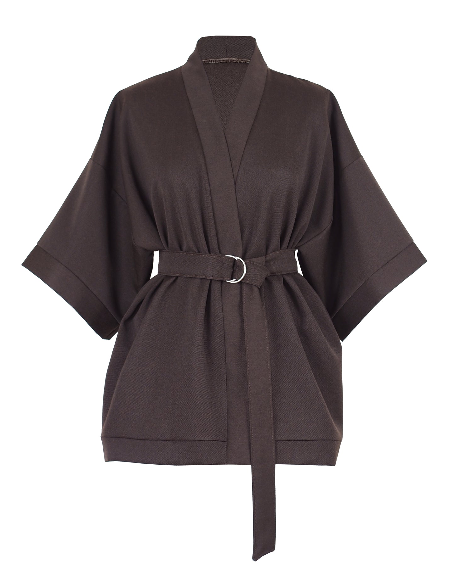 CHOCOLATE BROWN TEXTURED WOOL KIMONO