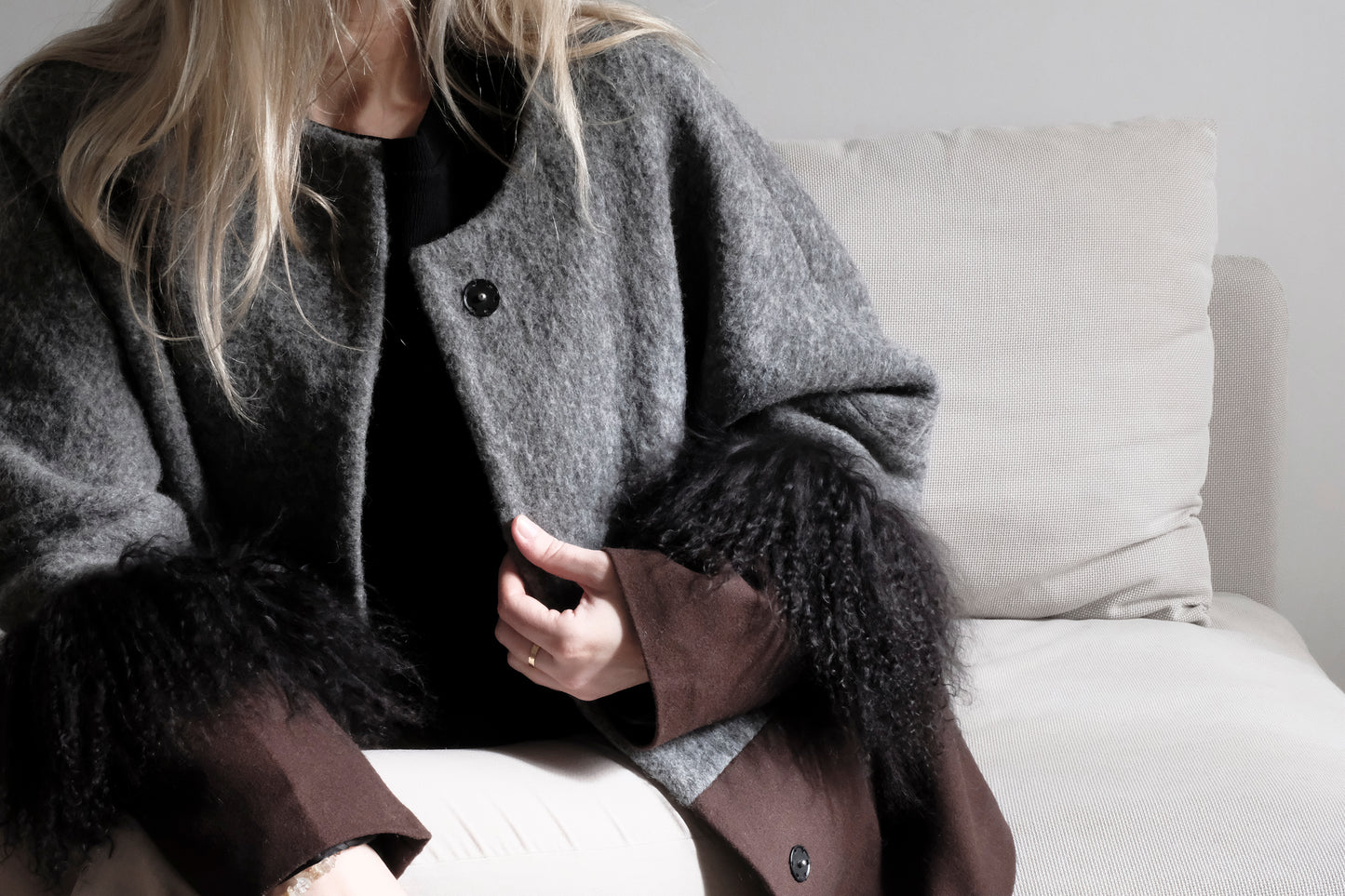 COLOR BLOCKING WOOL / FUR JACKET