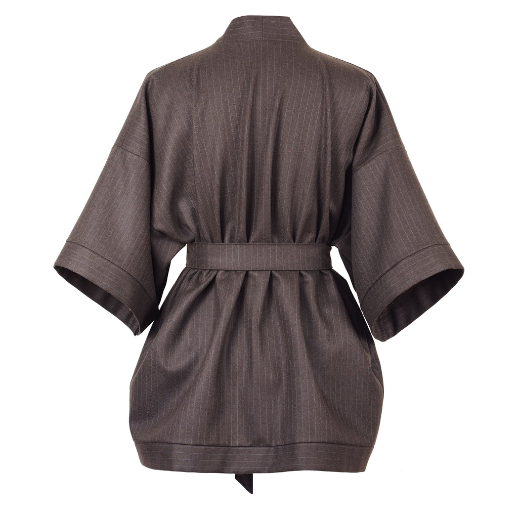 CHOCOLATE BROWN PINSTRIPE WOOL KIMONO