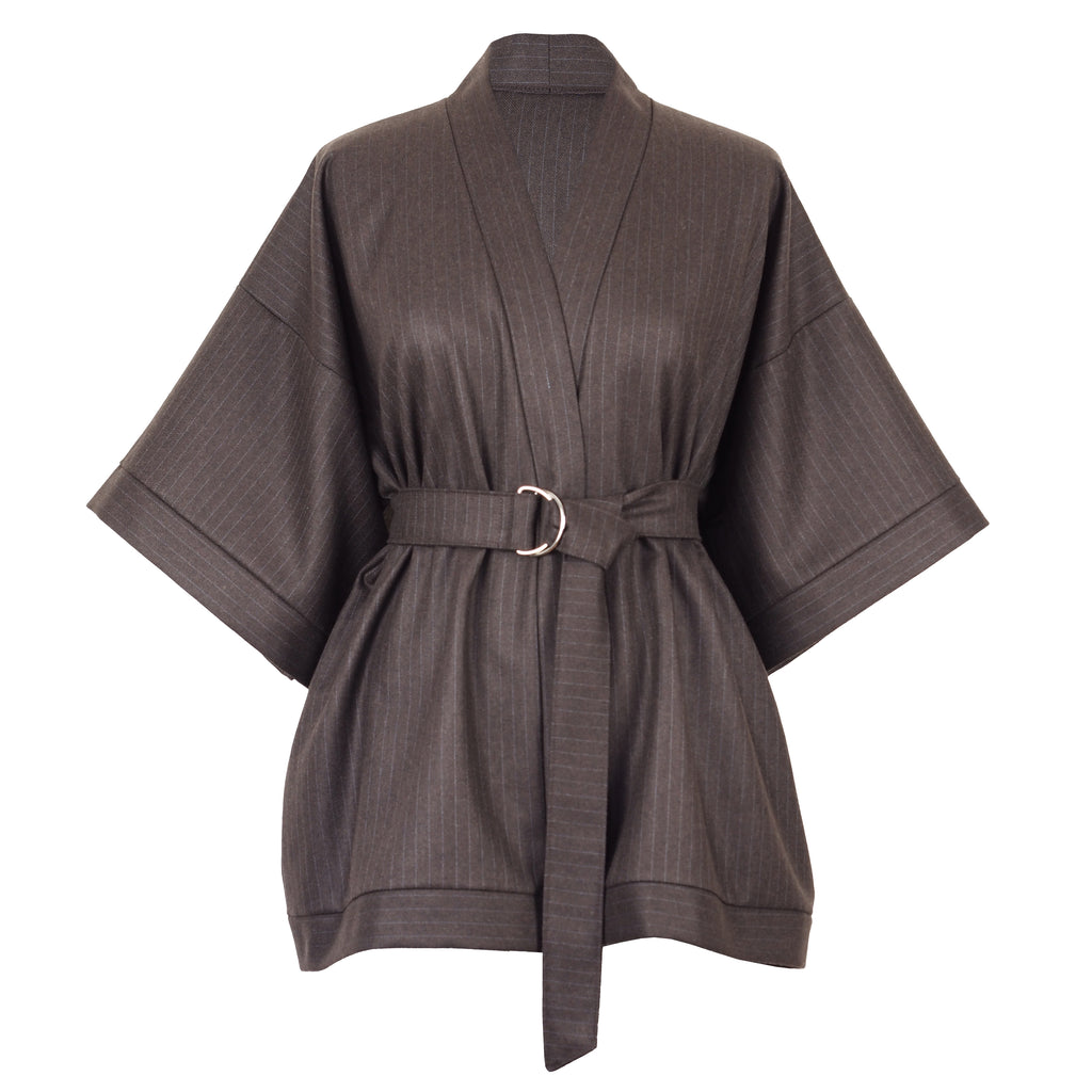 CHOCOLATE BROWN PINSTRIPE WOOL KIMONO