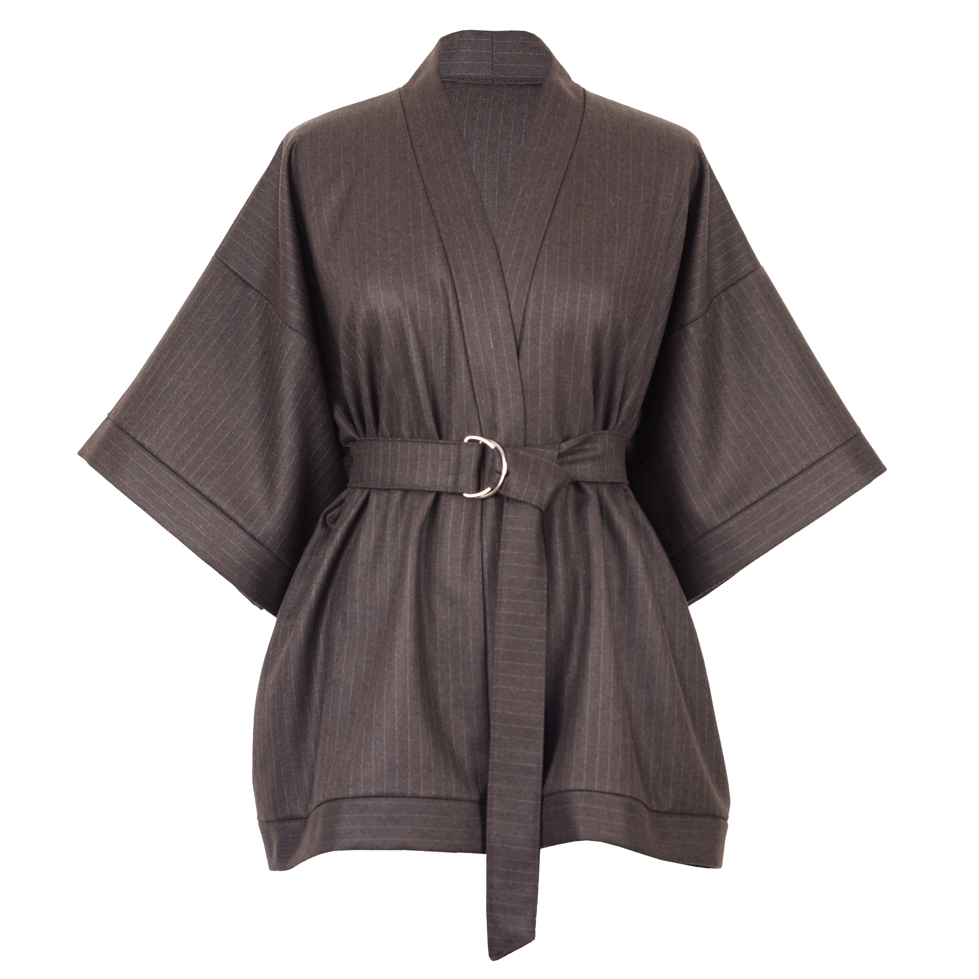 CHOCOLATE BROWN PINSTRIPE WOOL KIMONO