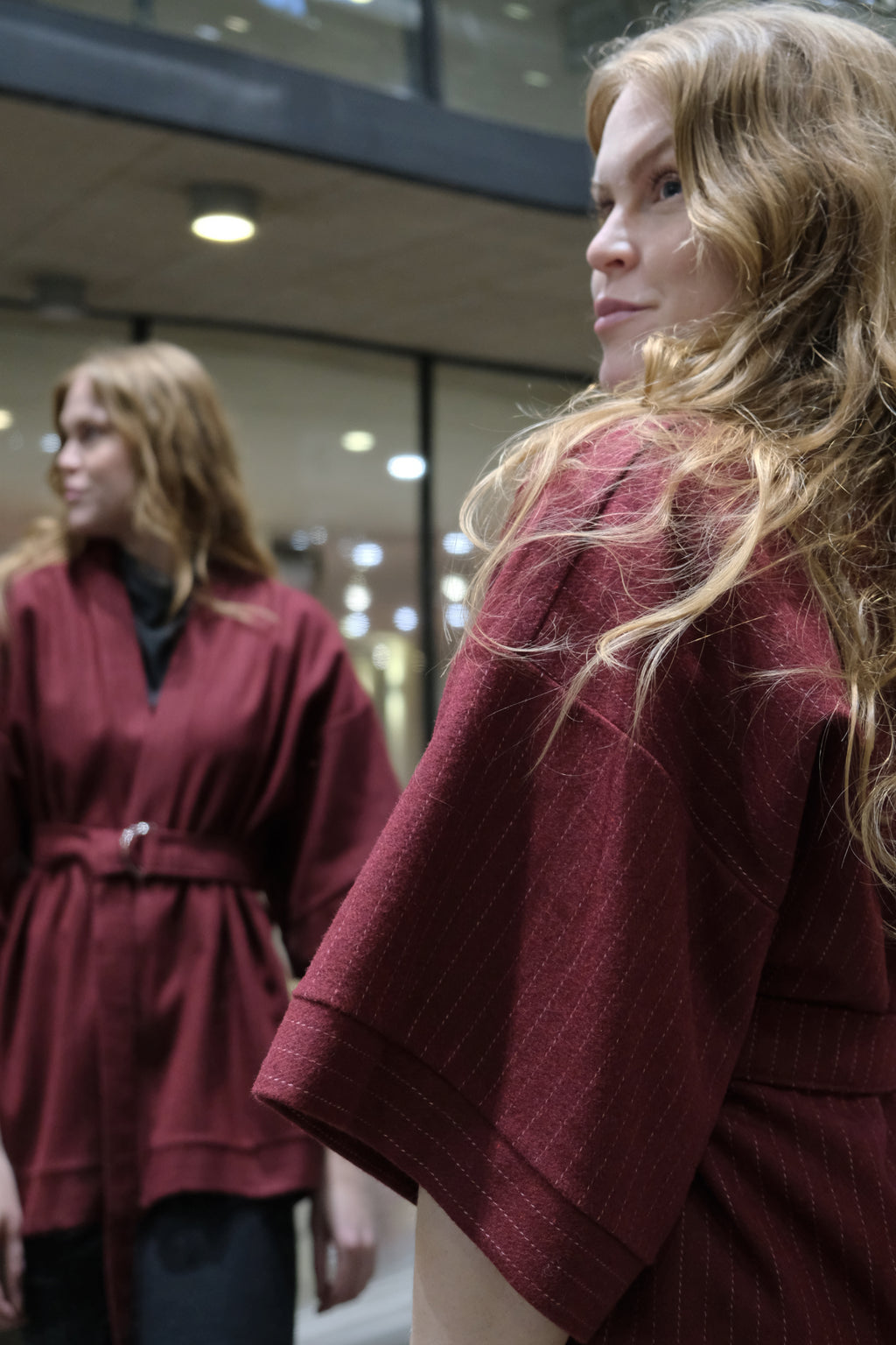 BURGUNDY PINSTRIPE WOOL KIMONO