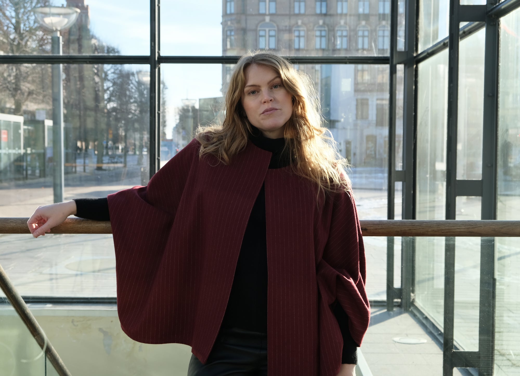 BURGUNDY PINSTRIPE WOOL CAPE