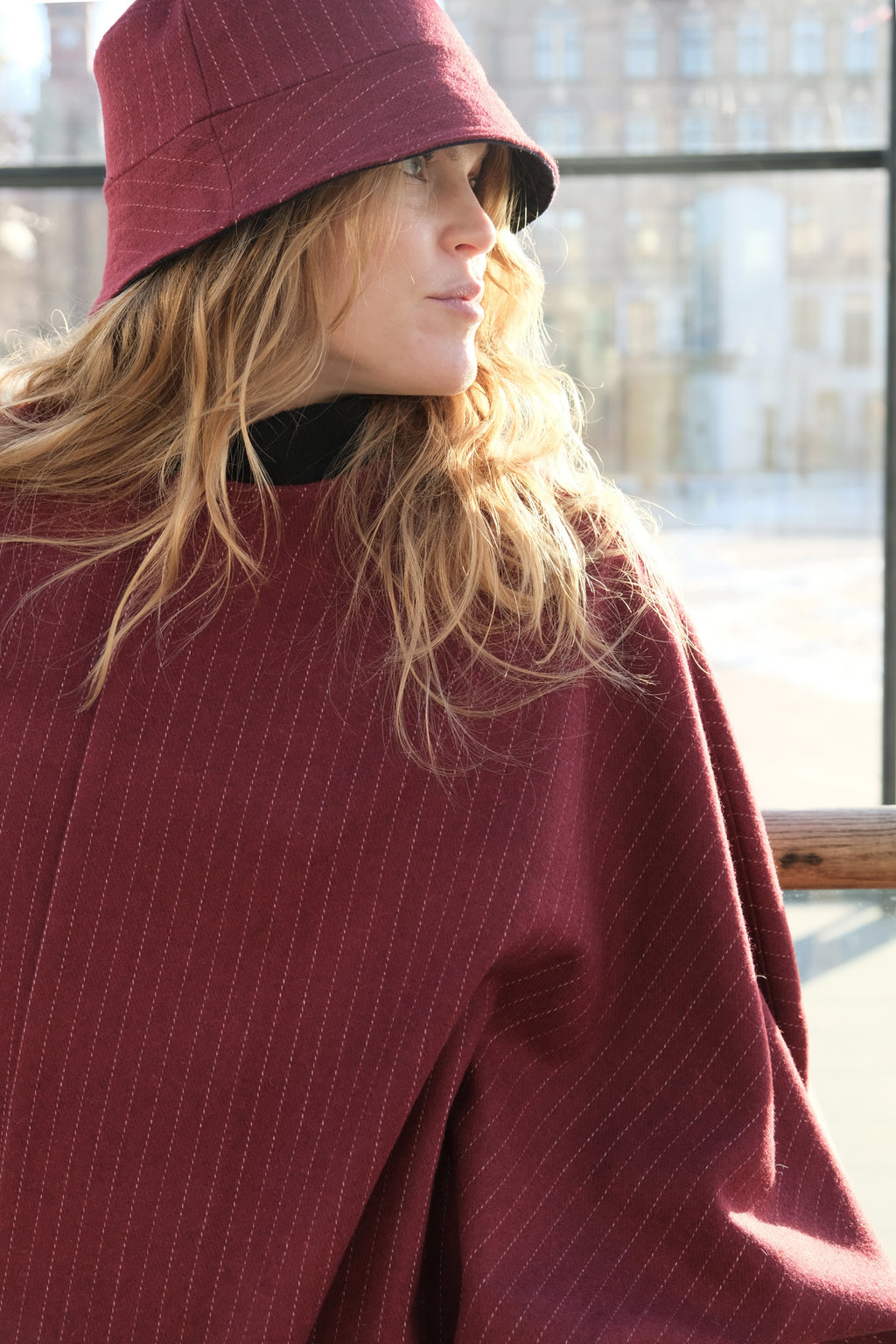 BURGUNDY PINSTRIPE WOOL CAPE
