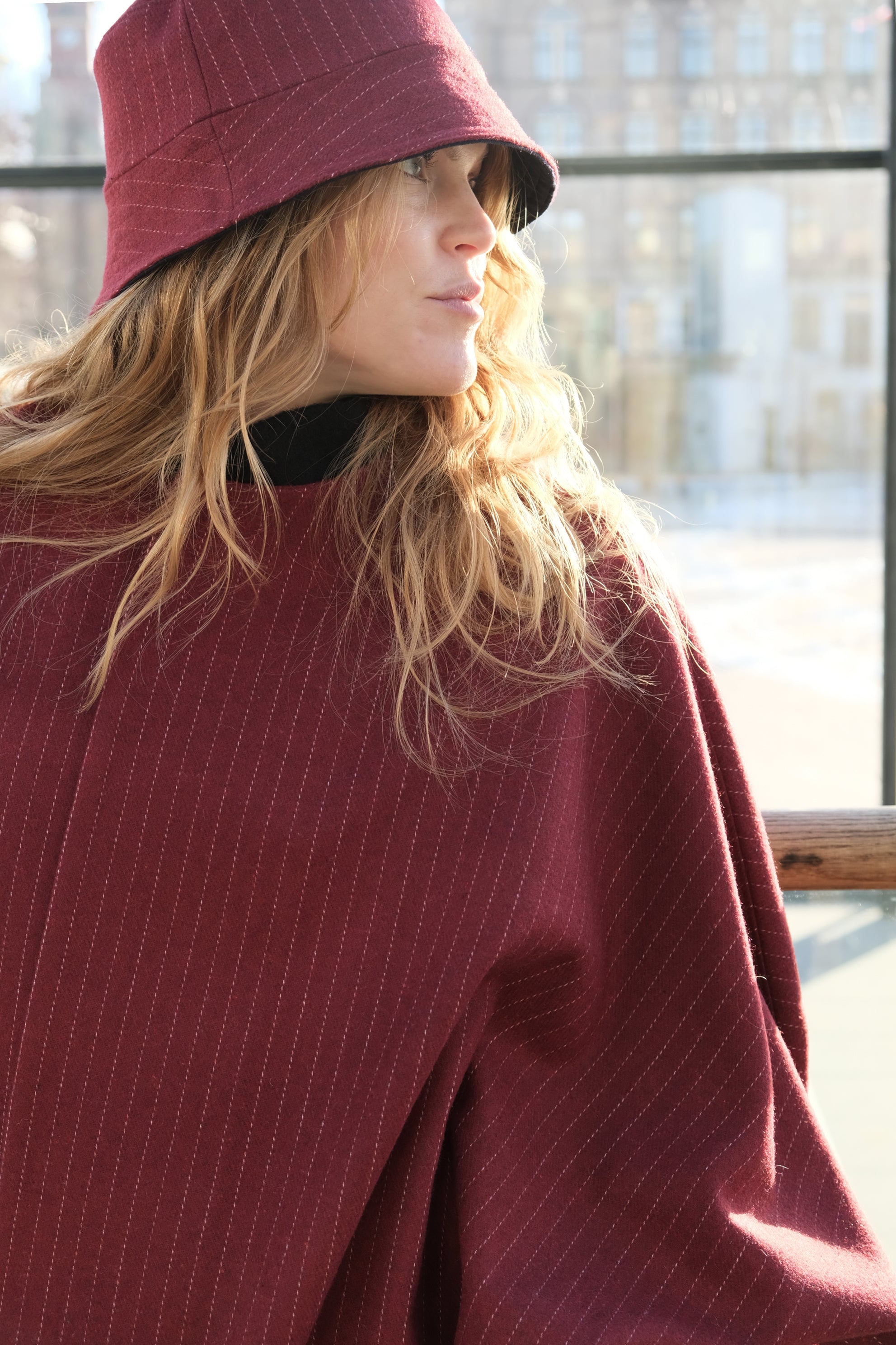 BURGUNDY PINSTRIPE WOOL CAPE