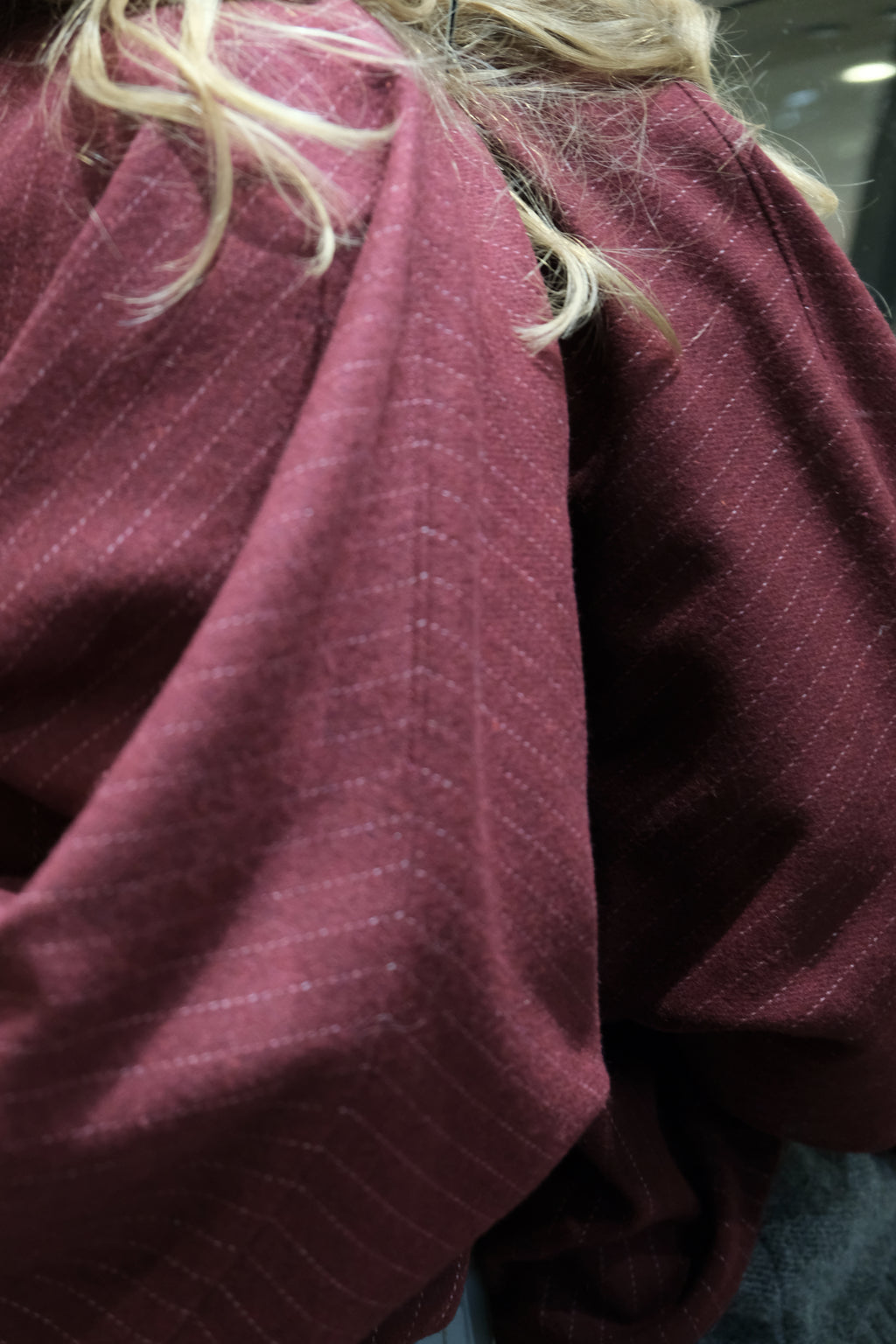 BURGUNDY PINSTRIPE WOOL CAPE