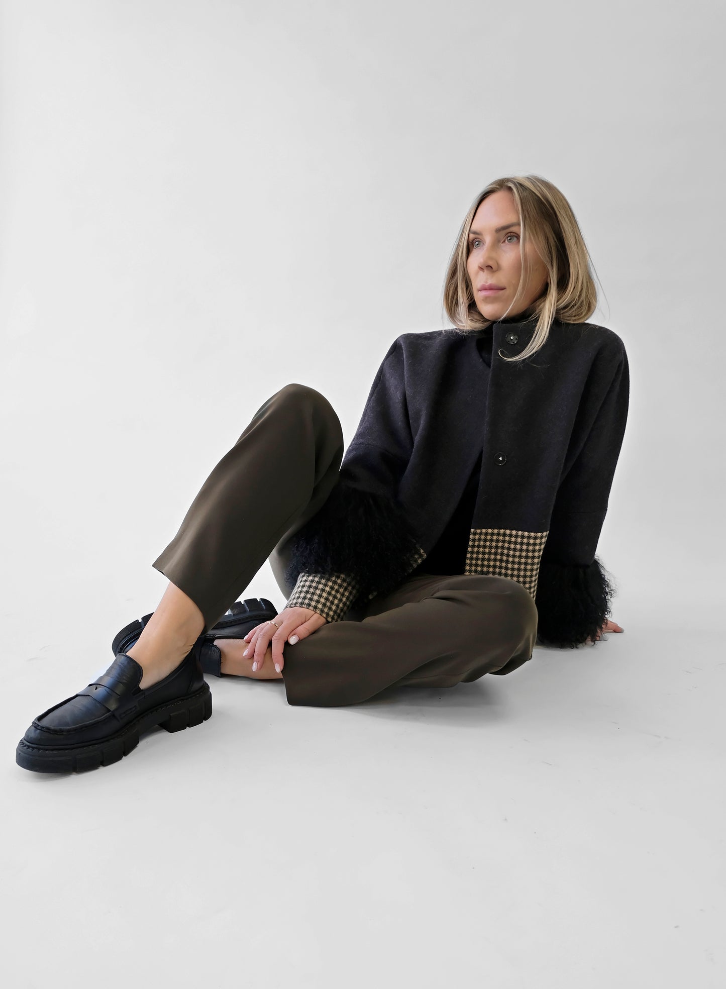 COLOR BLOCKING WOOL / FUR JACKET