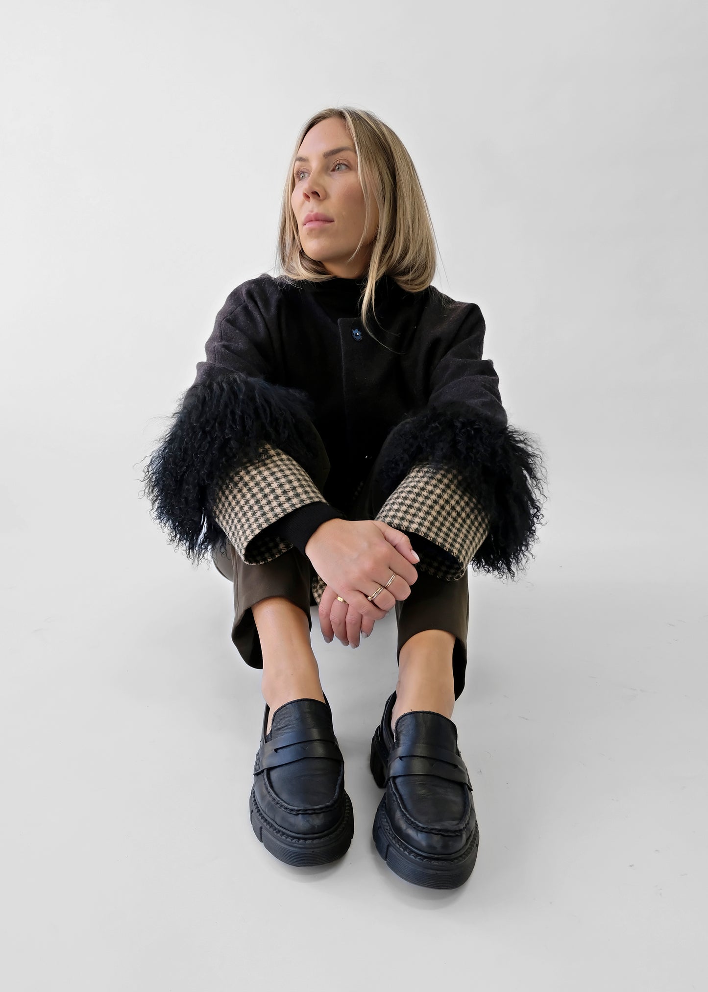 COLOR BLOCKING WOOL / FUR JACKET