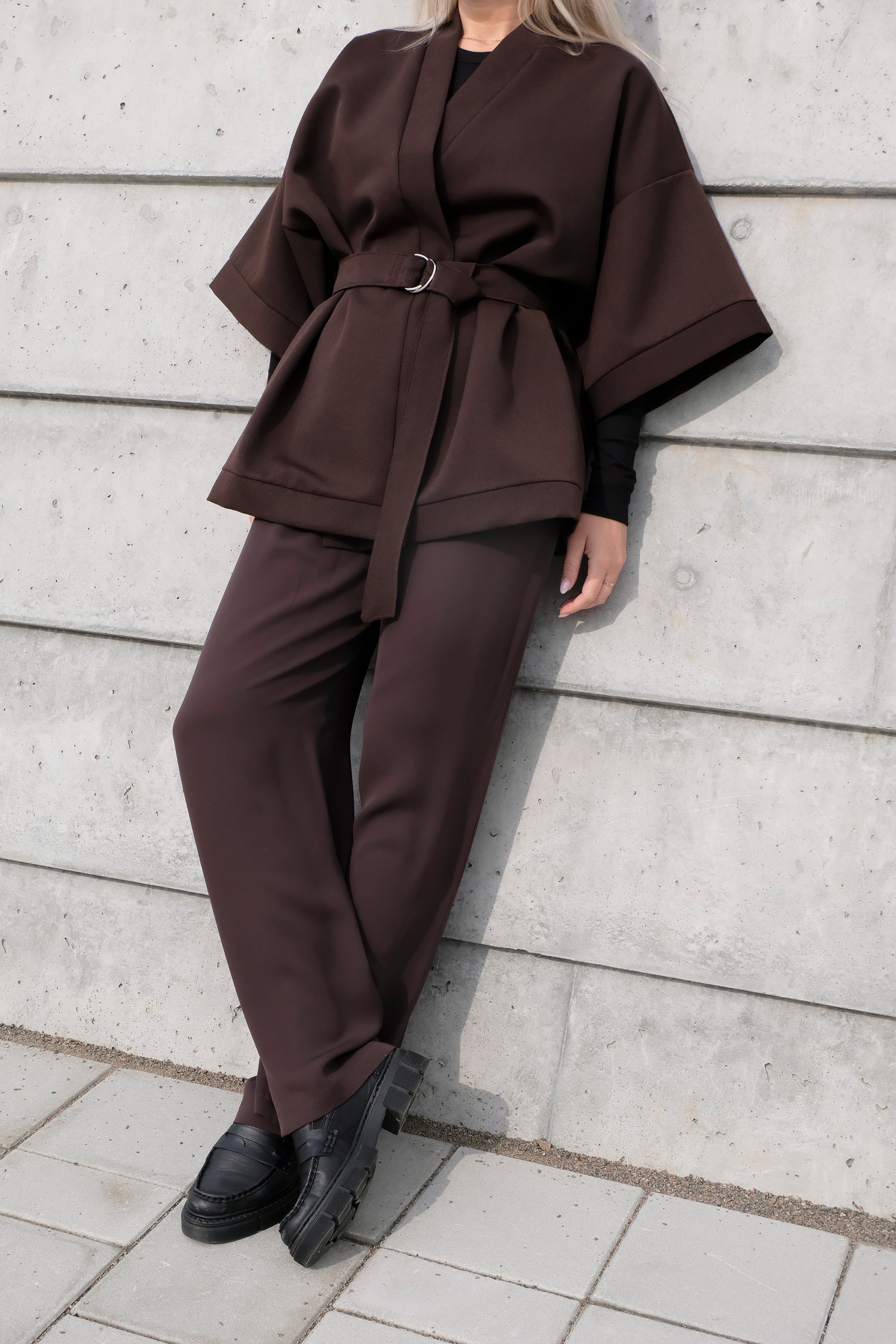 CHOCOLATE BROWN TEXTURED WOOL KIMONO