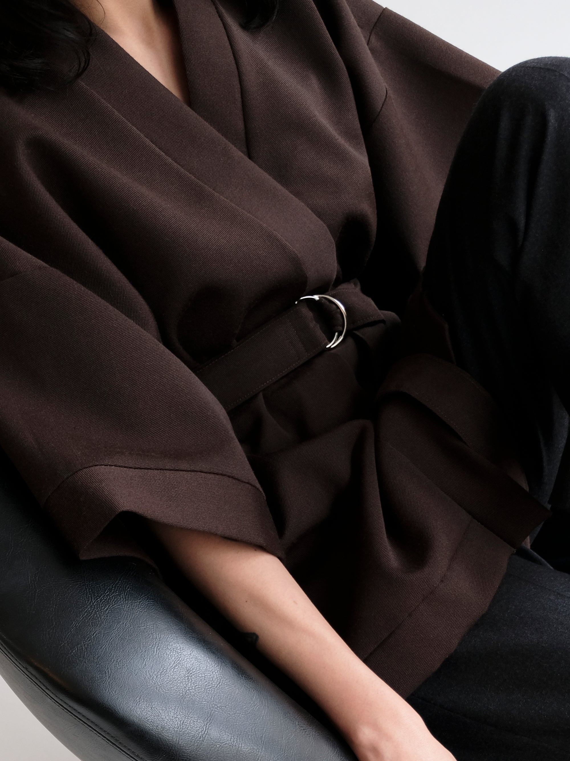 CHOCOLATE BROWN TEXTURED WOOL KIMONO