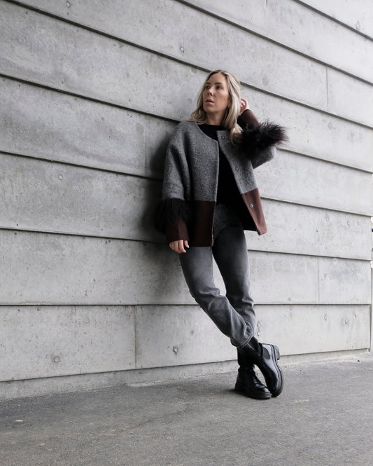 COLOR BLOCKING WOOL / FUR JACKET