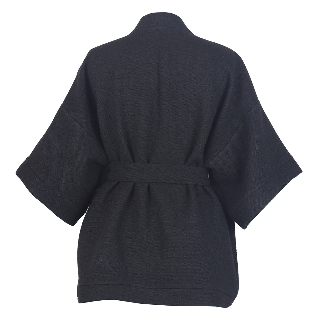TEXTURED BLACK WOOL KIMONO