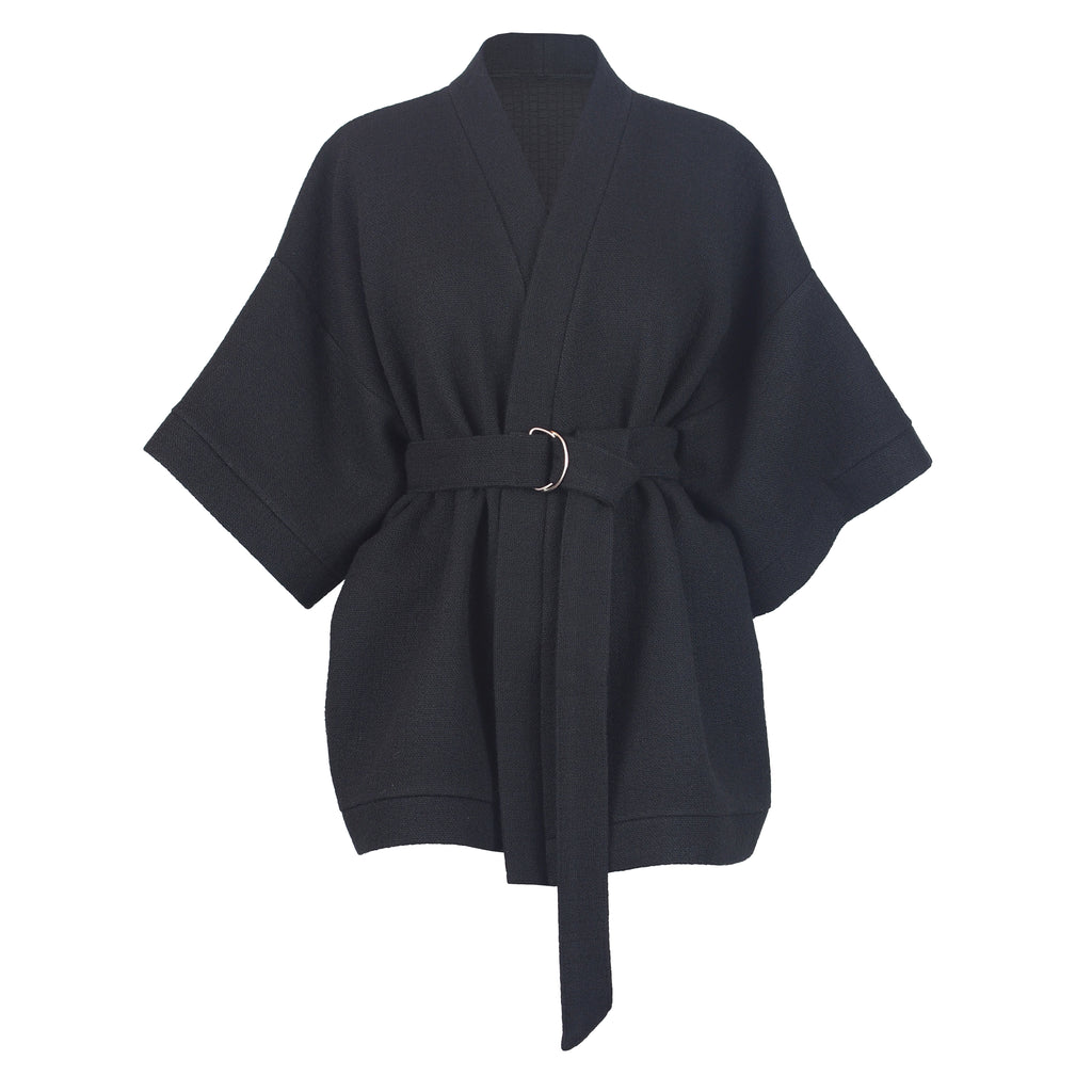 TEXTURED BLACK WOOL KIMONO