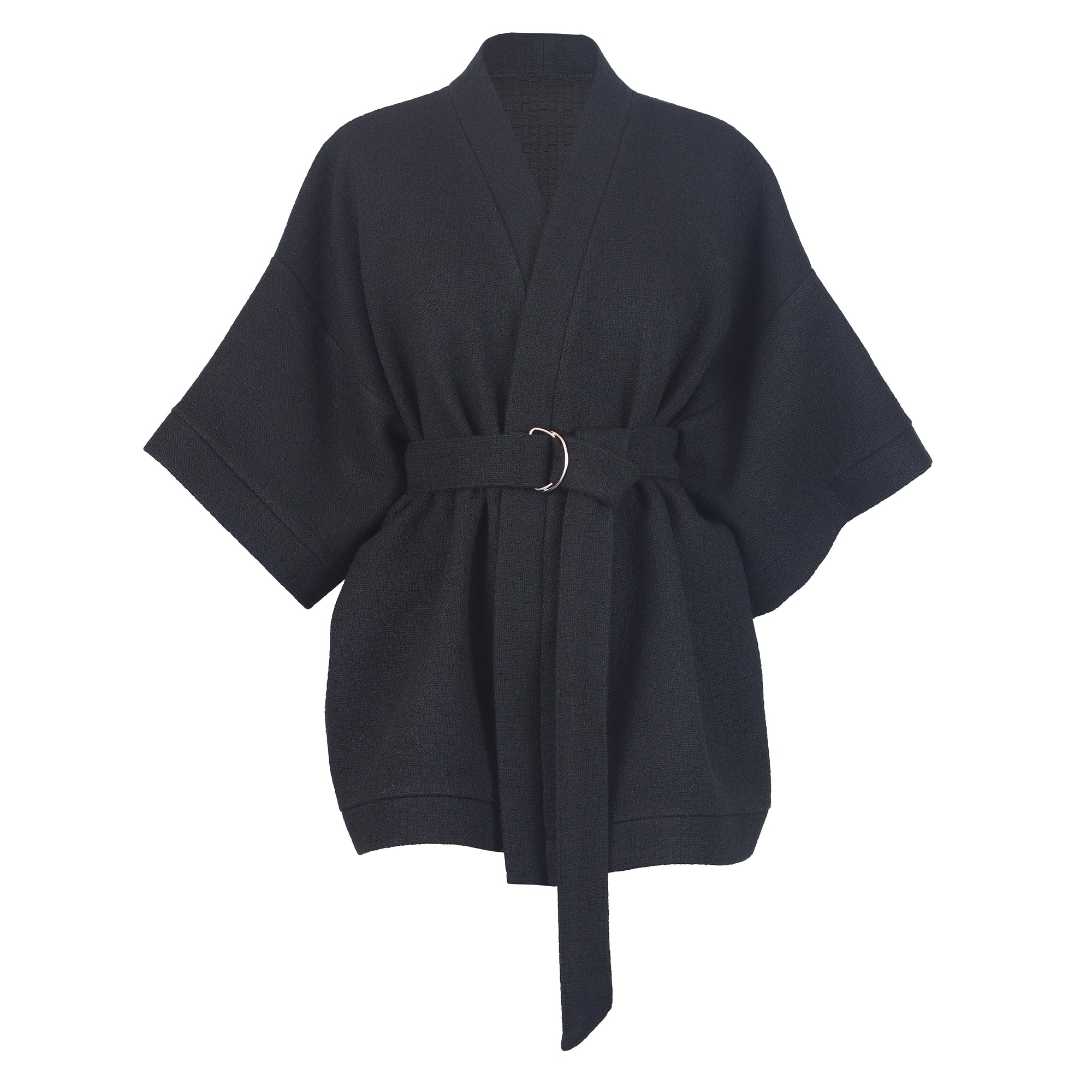 TEXTURED BLACK WOOL KIMONO
