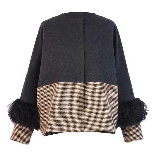 COLOR BLOCKING WOOL / FUR JACKET