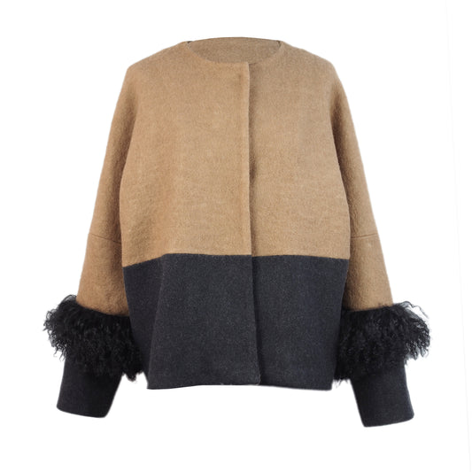 COLOR BLOCKING WOOL / FUR JACKET