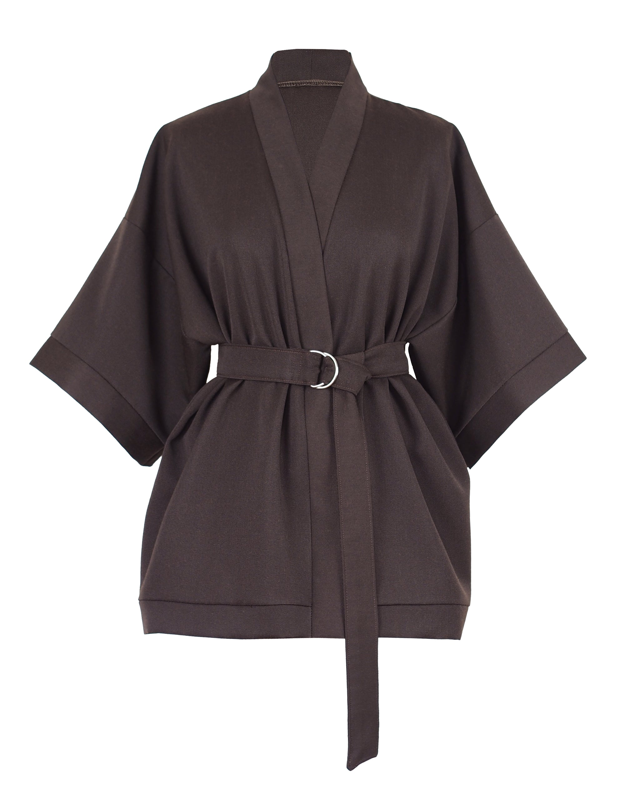 CHOCOLATE BROWN TEXTURED WOOL KIMONO