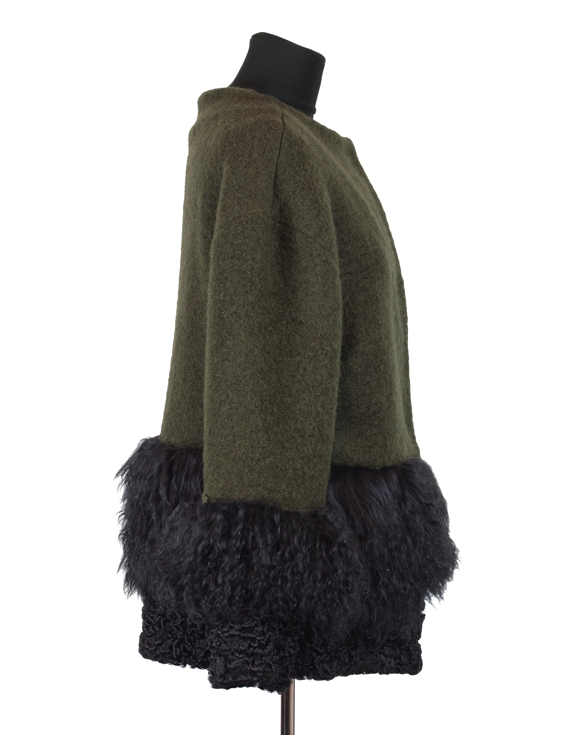 ONE OF A KIND OLIVE GREEN WOOL / FUR JACKET - CHRISTINA FISCHER