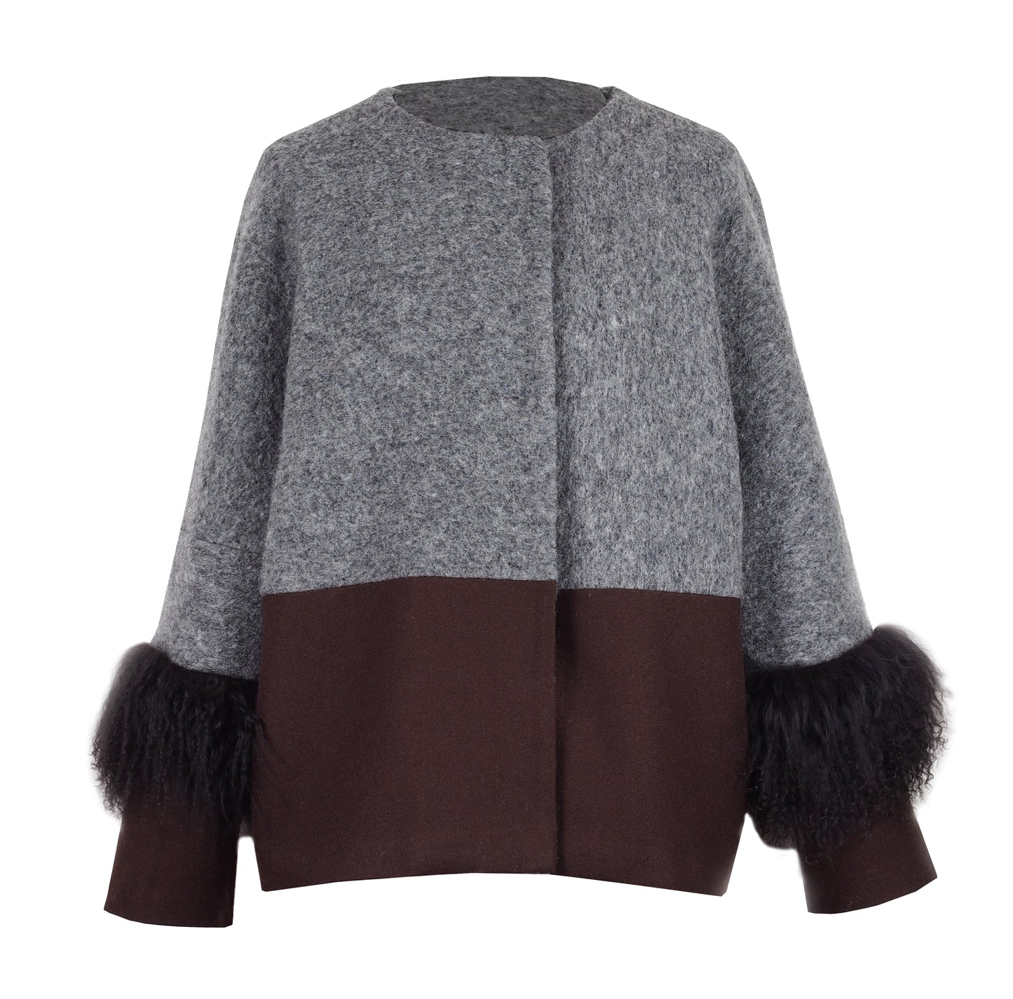 COLOR BLOCKING WOOL / FUR JACKET